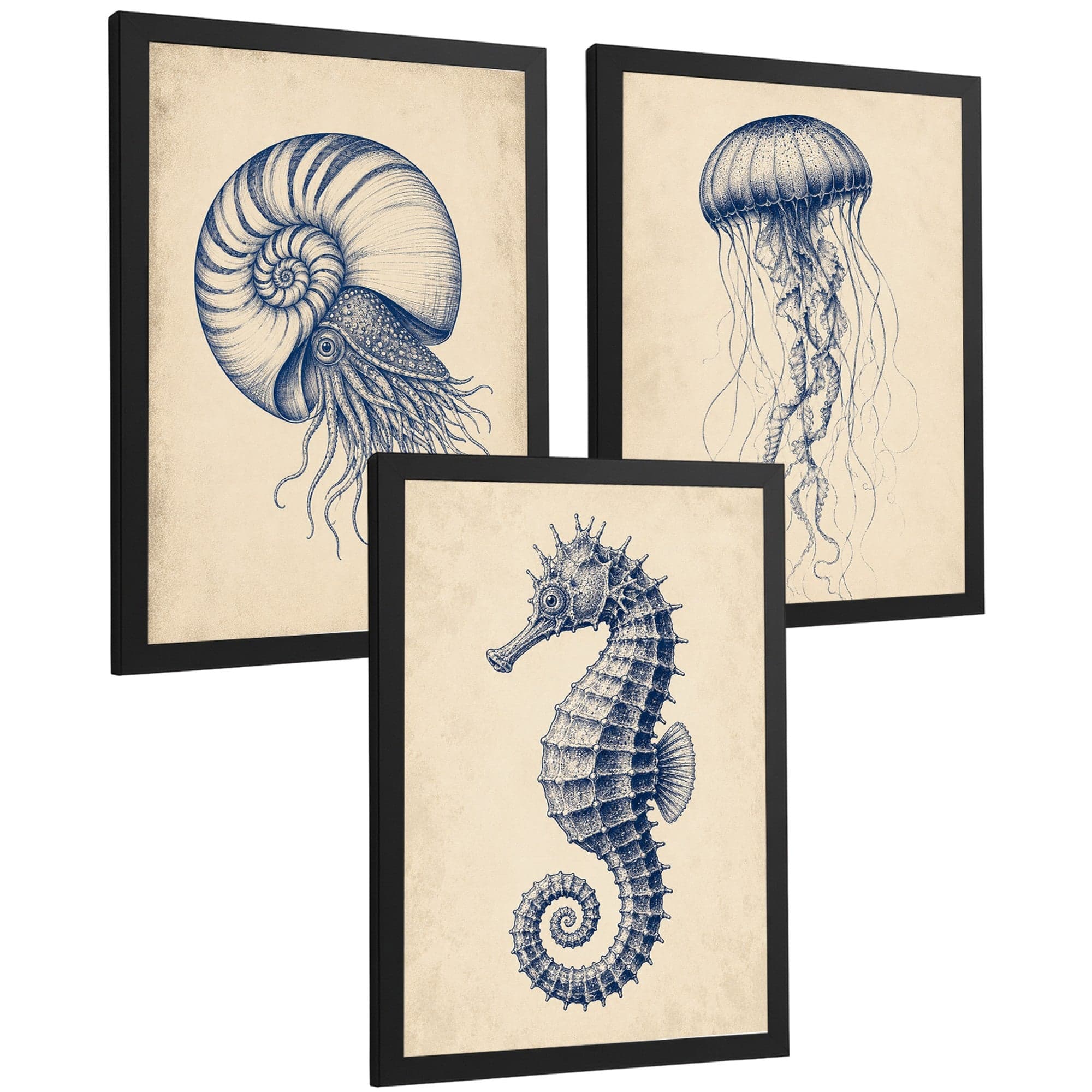 Posters de Arte Azul Costero con Nautilus, Medusa y Caballito de Mar