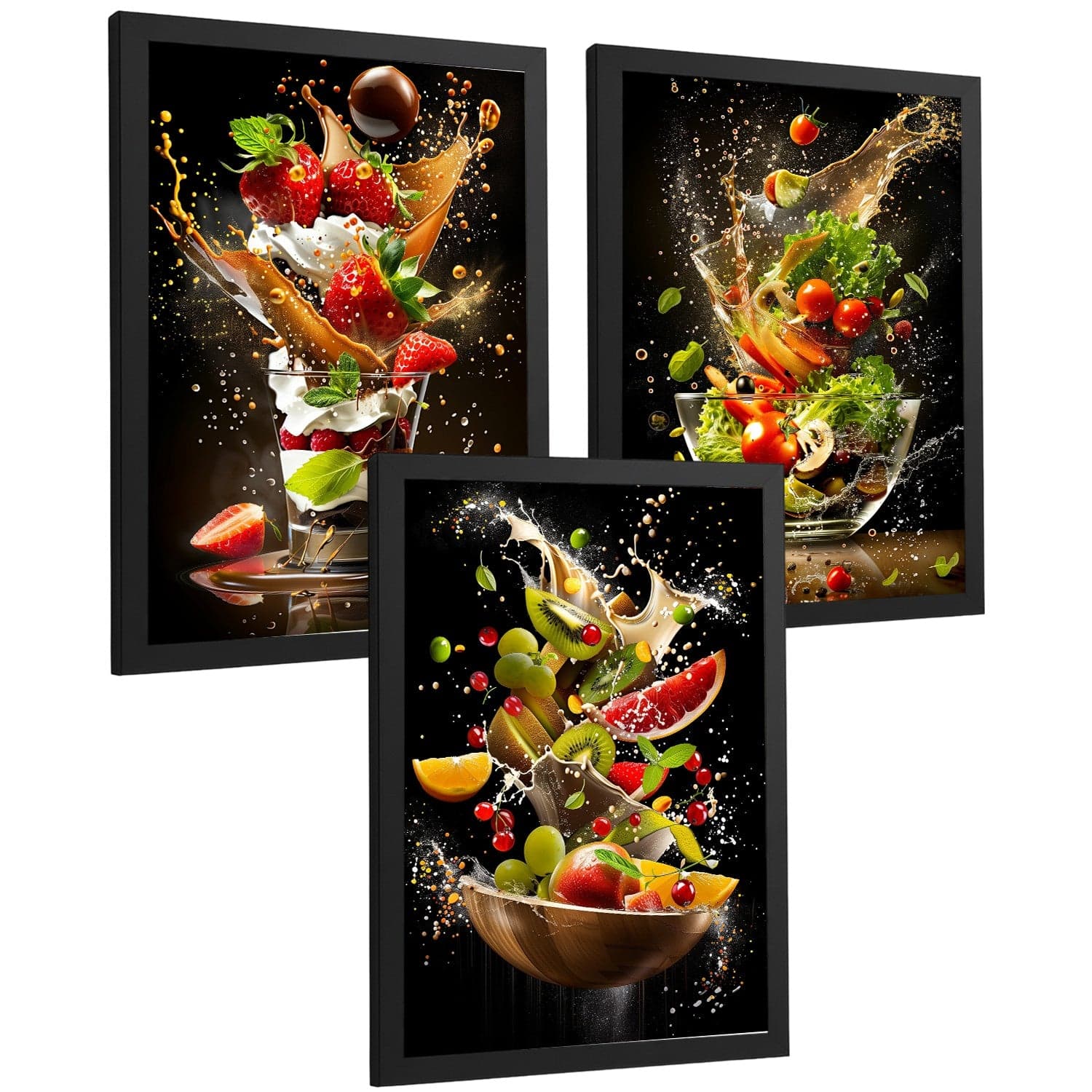 Set de 3 Láminas Cocina Fondo Negro Cuadros Pared Postre Ensalada y Frutas Estilo Splash Dinámico Póster Decoración Comedor