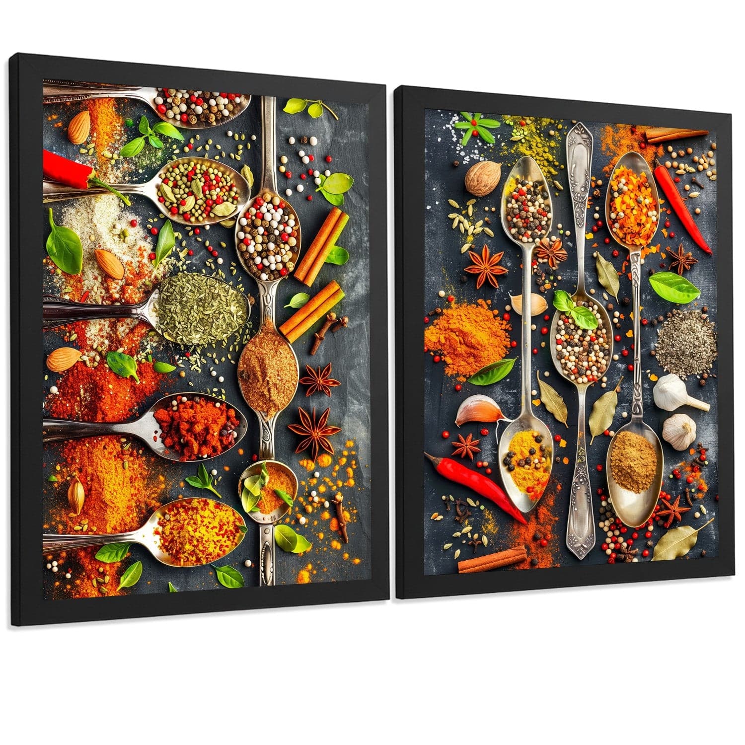 Set de 2 Láminas Cocina Gastronómica Cuadros Pared Hierbas y Especias en Cucharas Póster Decoración Comedor