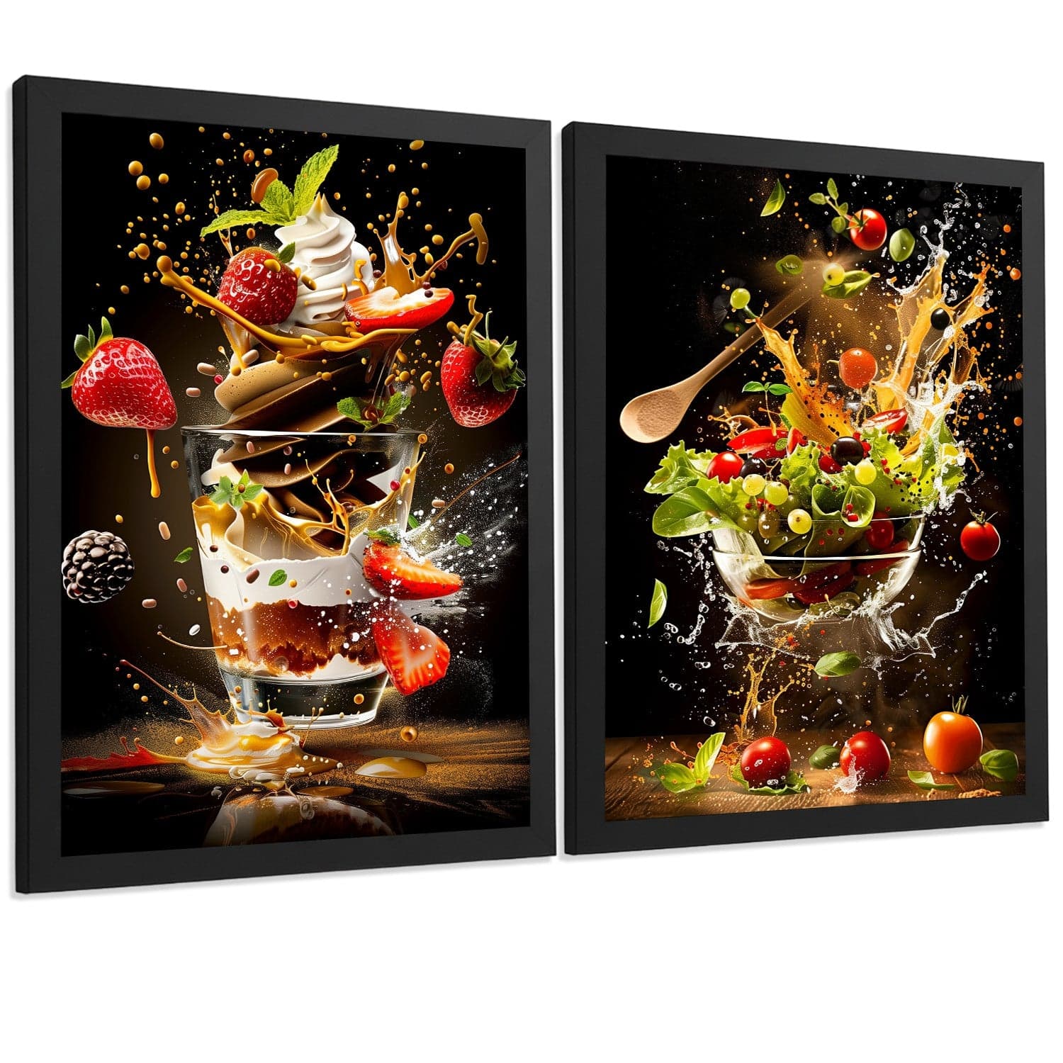 Set de 2 Láminas Cocina Fondo Negro Cuadros Pared Postre Fresas y Ensalada Estilo Splash Póster Decoración Comedor